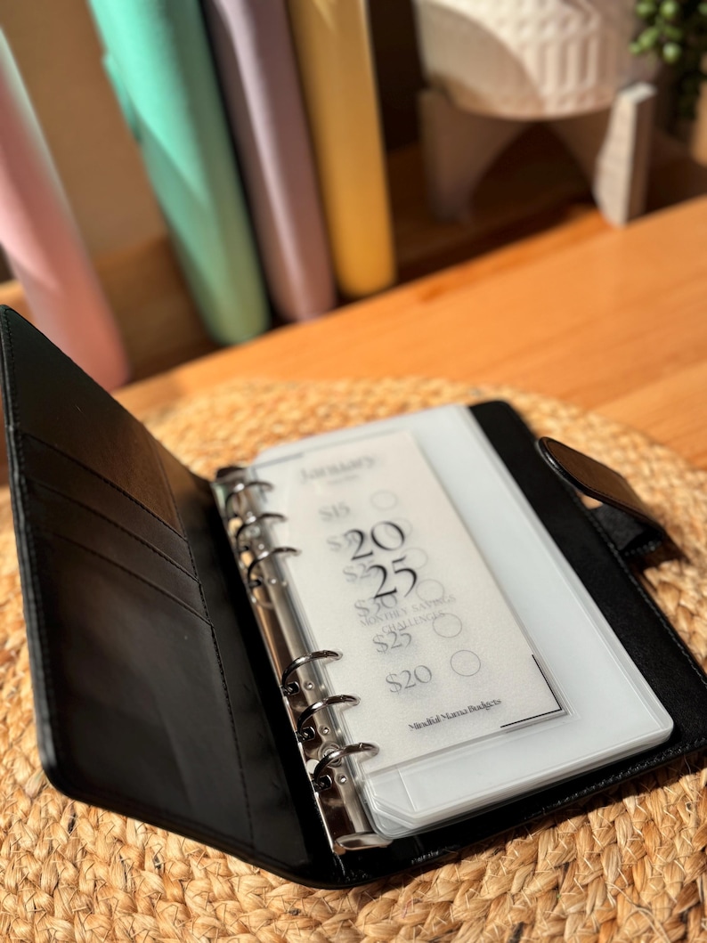 May include: A black leather bound planner with a clear plastic insert for a monthly budget sheet. The sheet has a title "January" and lists amounts in dollars for different categories.