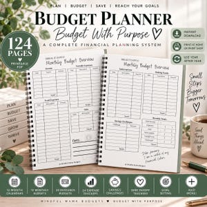 May include: A spiral-bound 124-page budget planner with white pages featuring black text and grid layouts for monthly budget overviews, income, expenses, debt, and savings challenges. The cover includes the text Budget Planner Budget With Purpose.