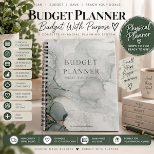 May include: A spiral-bound budget planner with a gray and white marble cover featuring gold accents. The cover text reads BUDGET PLANNER BUDGET WITH PURPOSE. It includes 12 month calendars, 12 monthly budgets, 24 paycheck budgets, 24 expense trackers, savings challenges, debt payoff trackers, and goal setting sections.