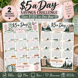 Op de afbeelding: Twee printbare spaarchallenge-bladen getiteld $5 a Day Savings Challenge. Het ene blad bevat bloemmotieven met cirkelvormige iconen, terwijl het andere berglandschappen toont met boomvormige iconen om de dagelijkse besparingen bij te houden.