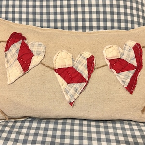 4th of July Pillow Flag Quilted USA Red White and Blue Homemade Hearts on a String Vintage Patriotic Summer on Canvas 19x12
