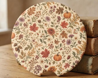 Autumn Pumpkin Floral Soapstone Car Coaster Set | Fall Leaves Pattern