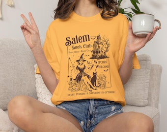 Salem Book Club Witch Illustration T-shirt | Vintage Halloween Reading Tee