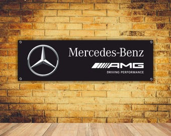 Letrero de vinilo con el logotipo de Mercedes-Benz AMG para garaje, oficina o sala de exposición, bandera, póster de carreras, taller de automóviles, póster de automóviles, decoración de garaje, regalo
