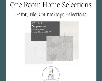 Pode incluir: Seleções de tinta, azulejos e bancada para um cômodo. A cor da tinta é SW 7674 Peppercorn, Interior/Exterior, Número de localização: 236-C7. O azulejo é um padrão hexagonal cinza claro. A bancada é de quartzo branco com veios sutis.