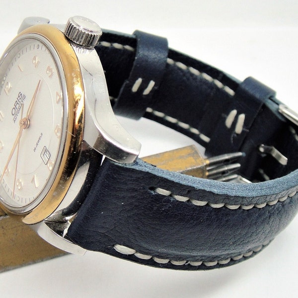 Bracelet de montre en cuir fait main | Bracelet de montre rembourré en cuir bleu marine vintage | Bracelet de montre en cuir sur mesure