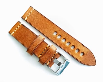 Brown Leather Watch Strap | Double-layer Italian Leather | Cognac Watch Band. Handmade Full Vegetable Tanned Premium Leather | 14mm-30mm