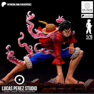 May include: A dynamic figurine of a character in a red shirt, blue pants, and straw hat, with pink energy effects. The figure is in a combat stance, with the text "LUCAS PEREZ STUDIO" and "1/6 SCALE" visible. The image also includes the text "PATREON.COM/LUCASPERZ".