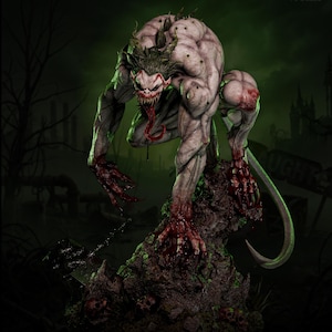 May include: A detailed 1:6 scale statue of a monstrous creature with pale skin, sharp teeth, and a long red tongue. The figure is posed on a rocky base with a tail, and the image has a dark, ominous background. The statue is available on Patreon.