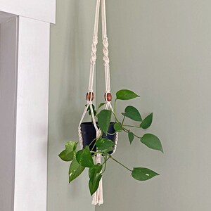 May include: A white macrame plant hanger with wooden beads hangs from a white metal bracket on a light green wall. A potted plant with green leaves hangs from the hanger.