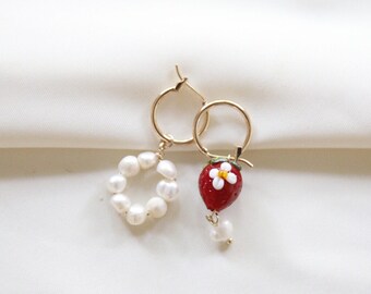 Strawberry pearl mismatch earrings | freshwater pearl earrings | fruit earrings | floral earrings | gold hoops | gift for her