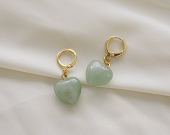 heart earrings | green aventurine earrings | Gold huggie hoop earrings | Gift for her | Gemstone earrings