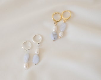 Spring Collection | Pearl and gemstone earrings | gold or silver | Blue Agate | gift for her