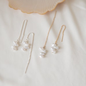 keishi pearl earrings unique freshwater pearl earrings gold filled threader earrings silver threader earrings gift for her image 1