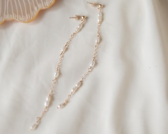 Pearlessence Drops | Dangly pearl stud earrings | rice pearl earrings | 14k gold filled earrings | bridal earrings | gift for her
