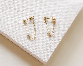 Pearl chain earrings | gold filled earrings | silver earrings | dainty stud earrings | dangly earrings | gift for her