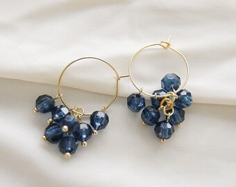 Cluster hoop earrings | Blue beaded dangle earrings | gold hoops | Gift for friend