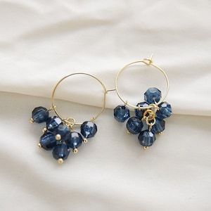 Cluster hoop earrings Blue beaded dangle earrings gold hoops Gift for friend image 1