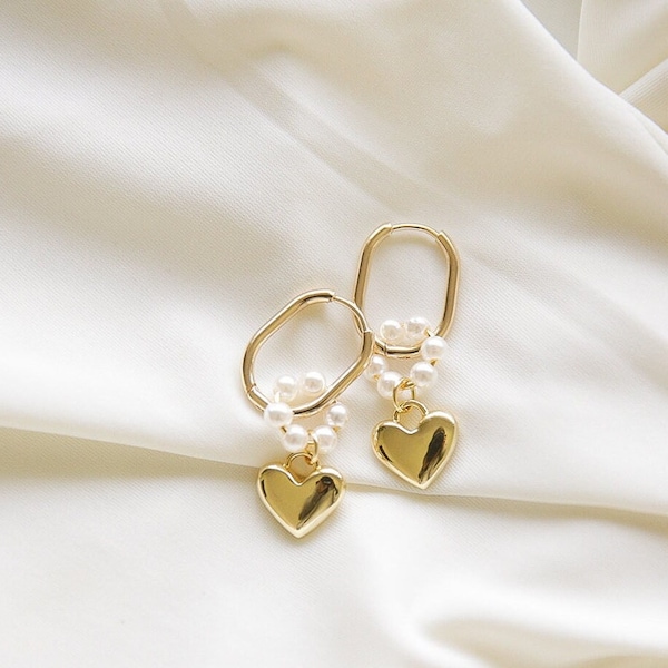 Heart and pearl oval earrings | Cute gold heart earrings | Pearl hoop earrings | Gift for her