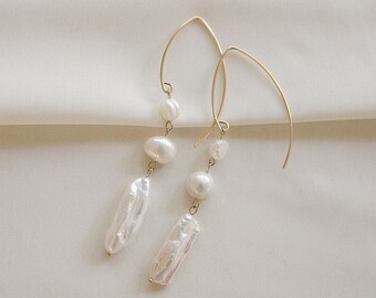 Pearl gold drop earrings | V shaped earrings | freshwater pearl earrings | gift for her