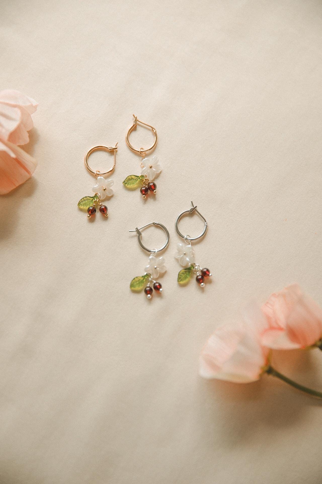 Cherry Floral Hoops Garnet Beaded Earrings Fruit and Flower