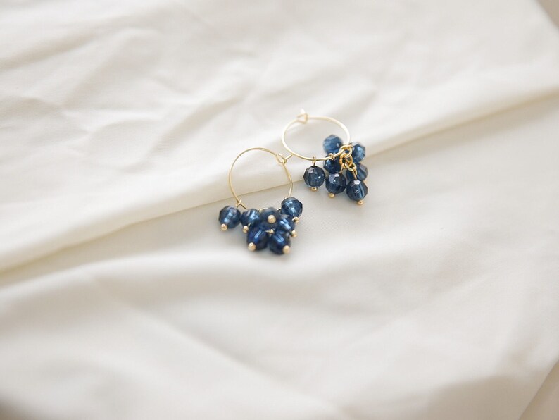 Cluster hoop earrings Blue beaded dangle earrings gold hoops Gift for friend image 6