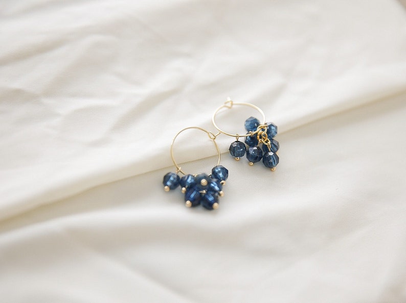 Cluster hoop earrings Blue beaded dangle earrings gold hoops Gift for friend image 5