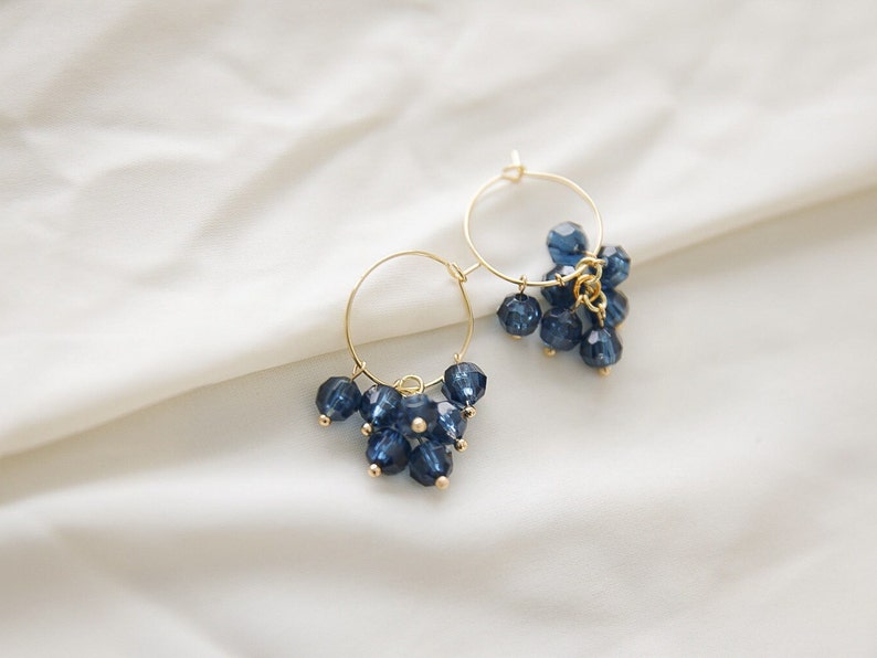 Cluster hoop earrings Blue beaded dangle earrings gold hoops Gift for friend image 2