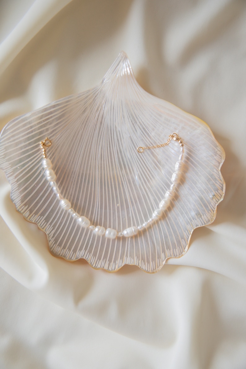 May include: A delicate pearl bracelet with a gold chain clasp, displayed on a white seashell. The bracelet features a row of white pearls.