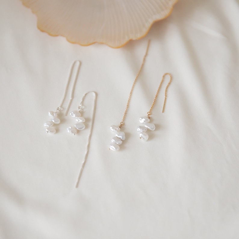 keishi pearl earrings unique freshwater pearl earrings gold filled threader earrings silver threader earrings gift for her image 1