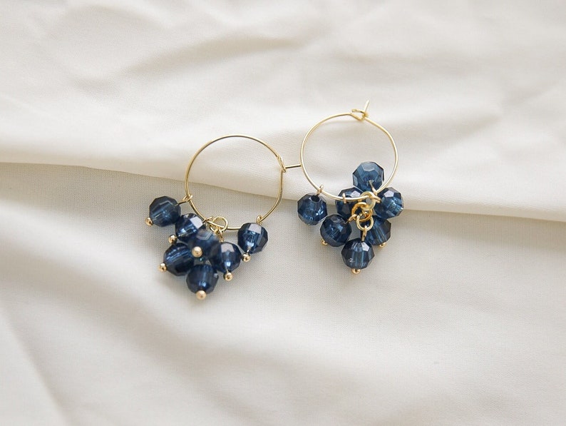 Cluster hoop earrings Blue beaded dangle earrings gold hoops Gift for friend image 1