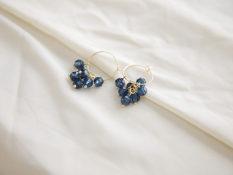 Cluster hoop earrings Blue beaded dangle earrings gold hoops Gift for friend image 4