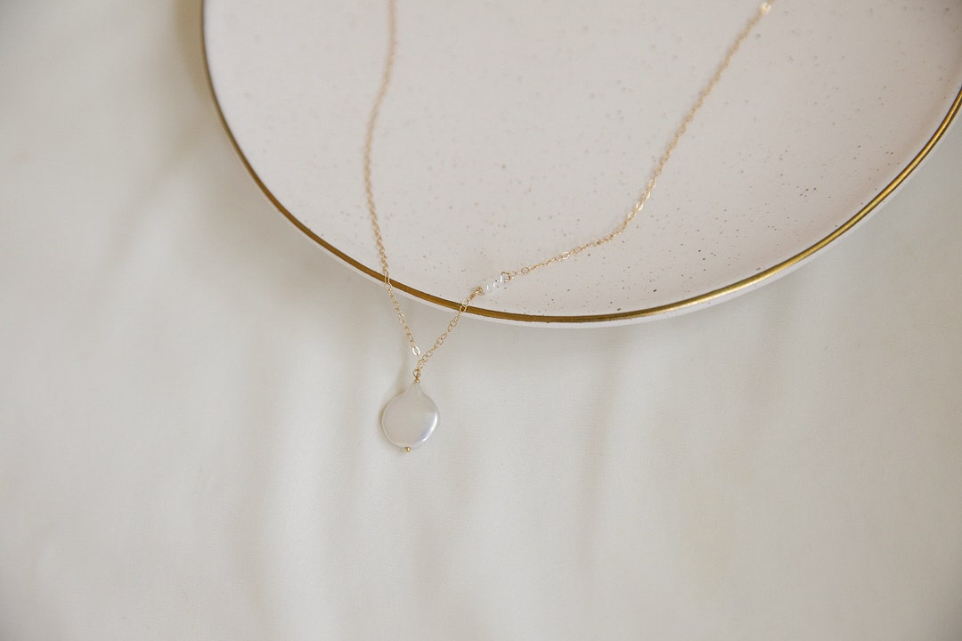 NEW 18K GOLD STACK PEARL & COIN NECKLACE