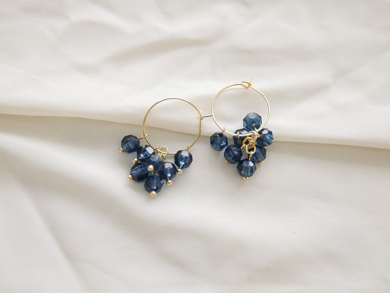 Cluster hoop earrings Blue beaded dangle earrings gold hoops Gift for friend image 3