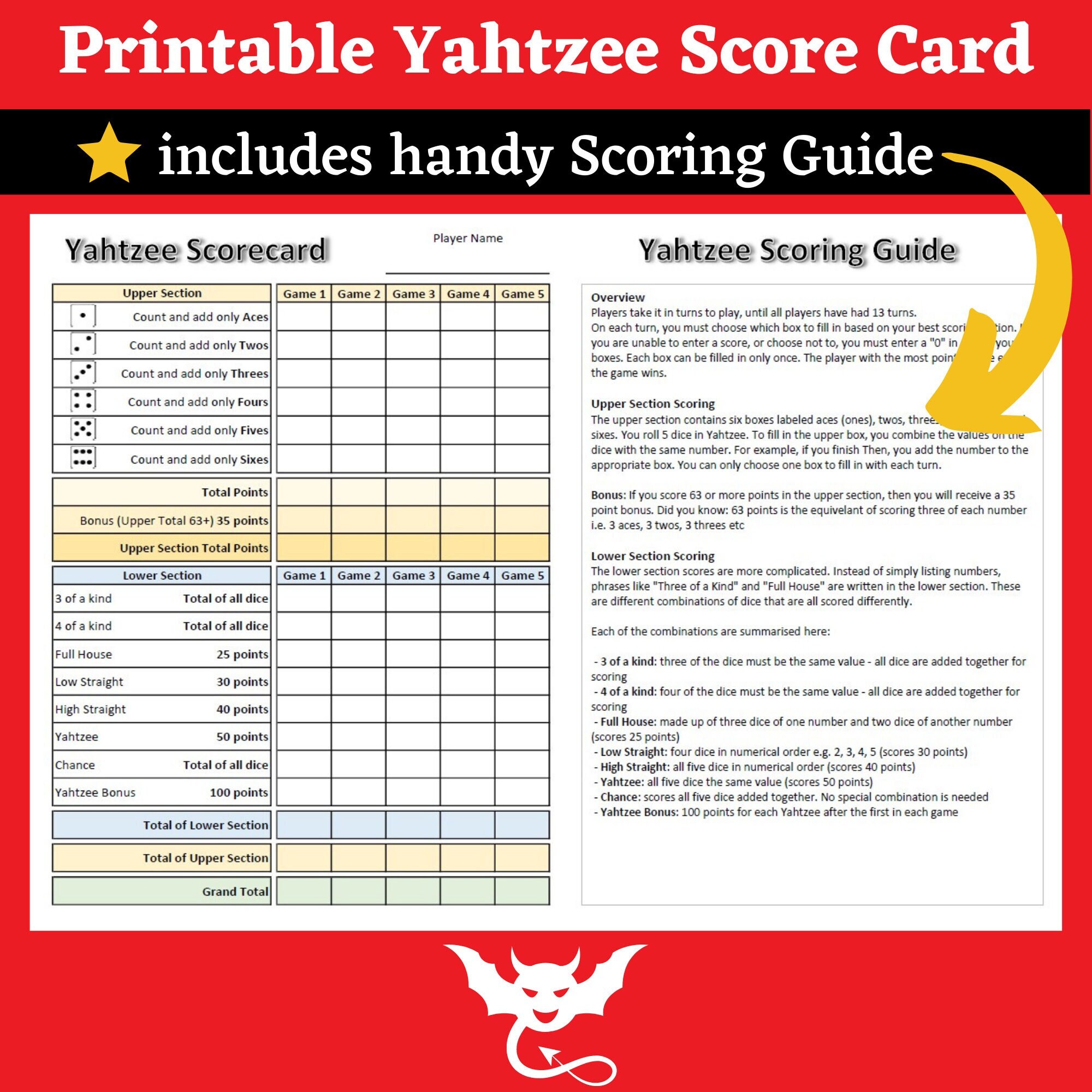 Yahtzee Score Card to Download and Print at Home Includes Etsy Australia