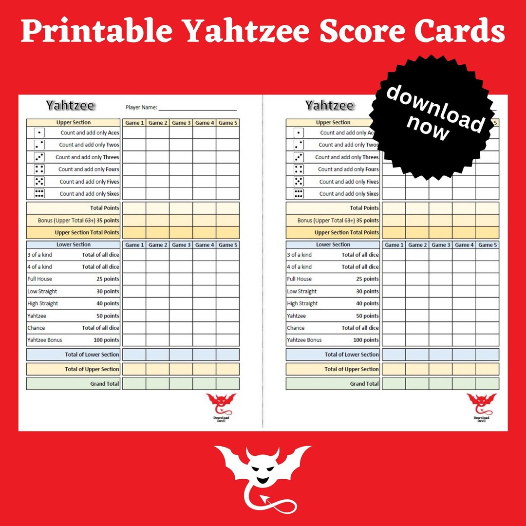 Yahtzee Score Cards to Download and Print at Home Two to a Etsy