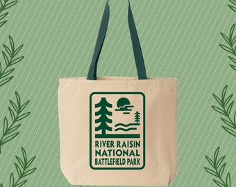 River Raisin National Battlefield Park Tote Bag Dark Green Ink in Monroe Michigan Reuseable with Family Friends Alone in Forest Nature Beach