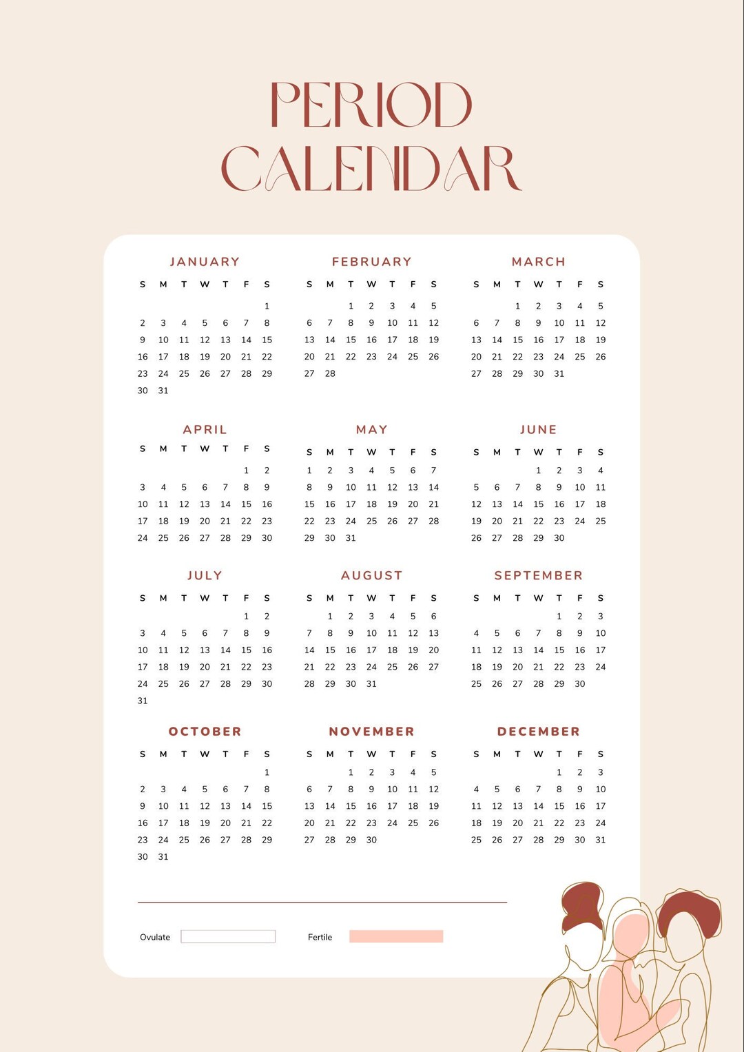 Printable Period Calendar Digital Period Tracker Menstrual Calendar Printable Period Calendar Digital Period Tracker Menstrual Calendar