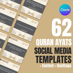 Puede incluir: Un conjunto de 62 plantillas para redes sociales con versos del Corán. Las plantillas están diseñadas con un fondo beige y presentan una imagen estilizada de un Corán en un soporte. El texto incluye el número del versículo y el nombre de la sura. Las plantillas son ideales para compartir citas y recordatorios islámicos en las redes sociales.
