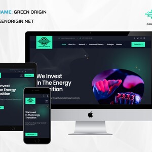 May include: A website homepage for Green Origin, a company that invests in the energy transition. The website features a dark background with a green and blue logo and the text "We Invest in The Energy Transition".