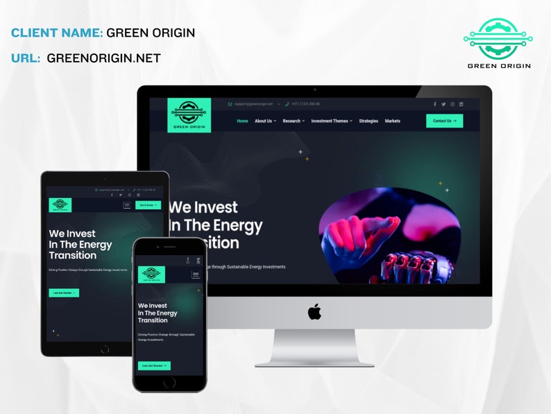 May include: A website homepage for Green Origin, a company that invests in the energy transition. The website features a dark background with a green and blue logo and the text "We Invest in The Energy Transition".