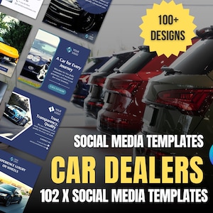 May include: A collection of 102 social media templates for car dealerships. The templates feature a variety of designs, including images of cars, text, and logos. The templates are designed to be used on platforms such as Facebook, Instagram, and Twitter.