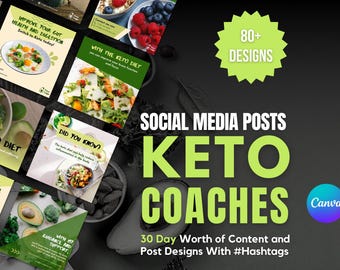 Può includere: Un modello di design Canva per post sui social media che promuovono un servizio di coaching per la dieta chetogenica. Il design presenta uno schema di colori verde e nero con immagini di cibo e testo che dice "Social Media Posts Keto Coaches 30 Day Worth of Content and Post Designs With #Hashtags".