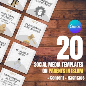 20 x Parents In Islam Social Media Designs  + Content + Hashtags | Islamic Social Media Content Ideas | Muslim Instagram Canva Designs