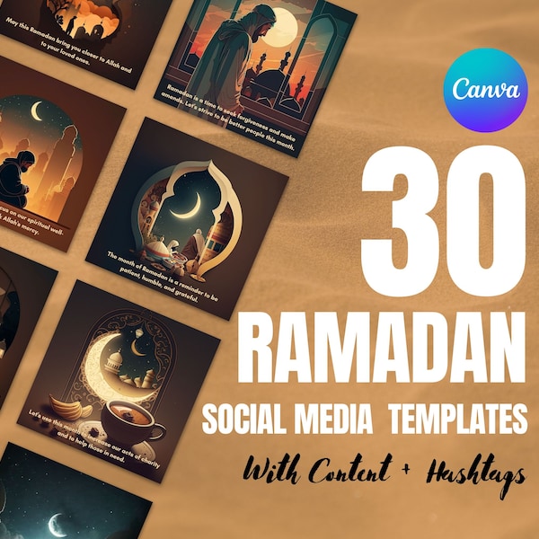 30x Illustrious Ramadan Social Media Designs  + Content | Ramadan Social Media Content | Ramadan Instagram Canva Designs | Ramadan Templates