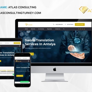 May include: A website screenshot showing the homepage of Atlas Consulting, a company that provides sworn translation services in Antalya, Turkey. The website features a dark blue background with a gold logo and text. The website also includes a contact form, a blog, and a news section.