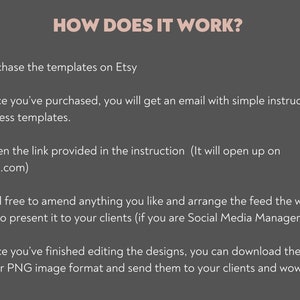 May include: A gray background with white text explaining how to use Etsy templates. The text reads: "HOW DOES IT WORK? 1. Purchase the templates on Etsy 2. Once you've purchased, you will get an email with simple instructions to access templates. 3. Open the link provided in the instruction (It will open up on Canva.com) 4. Feel free to amend anything you like and arrange the feed the way you want to present it to your clients (if you are Social Media Manager). 5. Once you've finished editing the designs, you can download them as JPG or PNG image format and send them to your clients and wow them!"