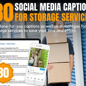 May include: A graphic with the text "30 Social Media Captions for Storage Services" in orange and white text. The graphic also includes a list of 30 captions and hashtags for storage services. The graphic is set against a blue and white background.