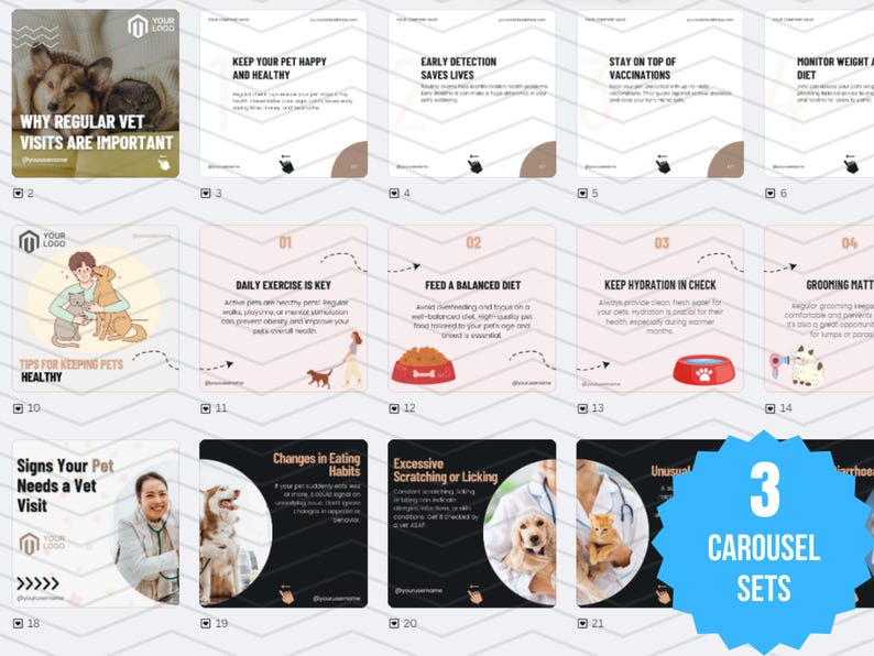 81 x Social Media Templates WITH REAL CONTENT + HASHTAGS for Charities | Instagram Posts and Carousel Template Designs for Vet Clinics