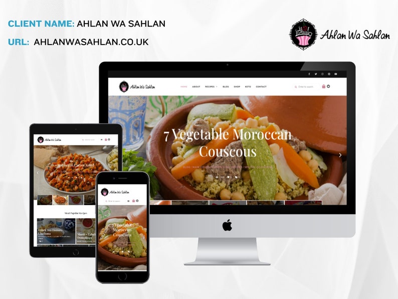 May include: A website screenshot showing a recipe for 7 Vegetable Moroccan Couscous on the Ahlan Wa Sahlan website. The website features a variety of recipes and a blog.